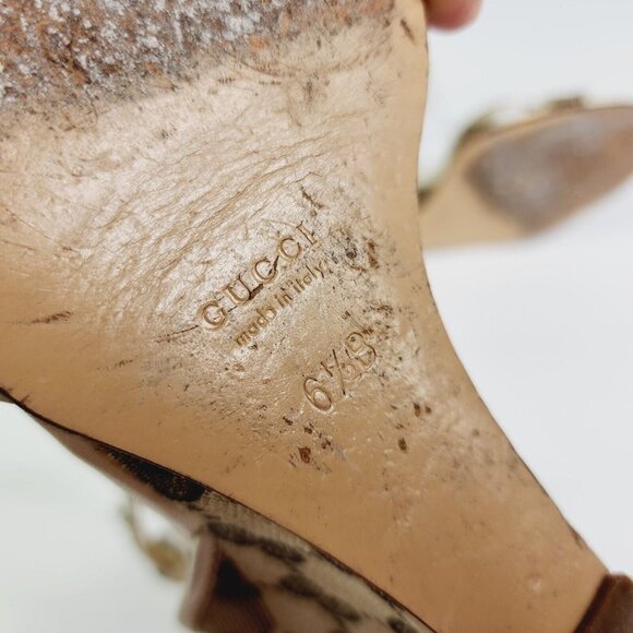 GUCCI Beige GG Canvas Monogram Cross Strap Wedge Ankle Strap Sandal Size 6.5 B - Picture 9 of 16